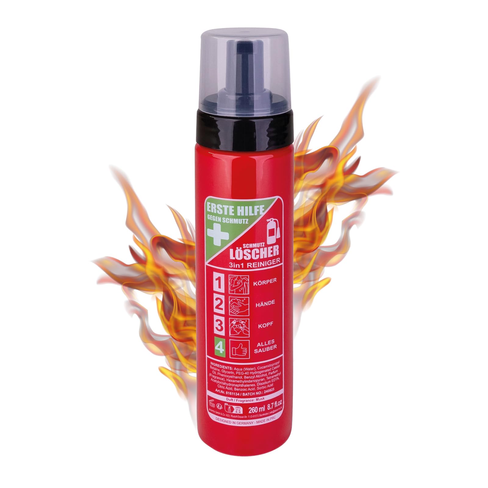 Accentra 3 in 1 Duschgel, Shampoo & Handseife SCHMUTZLÖSCHER in Feuerlöscher Optik, lustiges Feuerwehr Geschenk für Männer, für Körper, Hände und Haare, Duft: Musk, witzige Geschenkidee zu Weihnachten