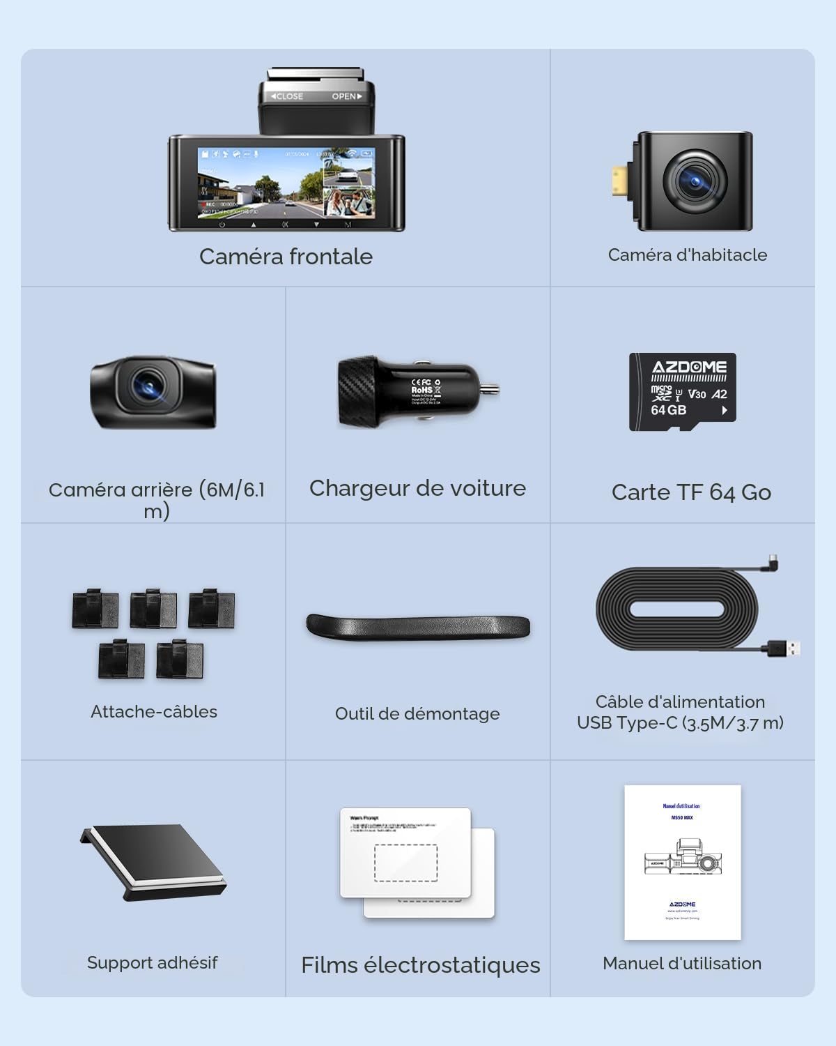 AZDOME M550 Max Dashcam Voiture 4K Avant Arrière Intérieur, 3 Canaux 4K+1080P+2.5K, avec Carte SD 64Go, WiFi 5,8GHz GPS, STARVIS, Vision Nocturne IR, WDR, Mode Parking 24H, G-Capteur