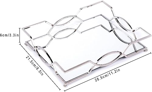 Miniatura 7 de Bandeja de tocador de cristal con espejo, bandeja de maquillaje plateada, bandeja decorativa de metal, organizador de joyas rectangulares,