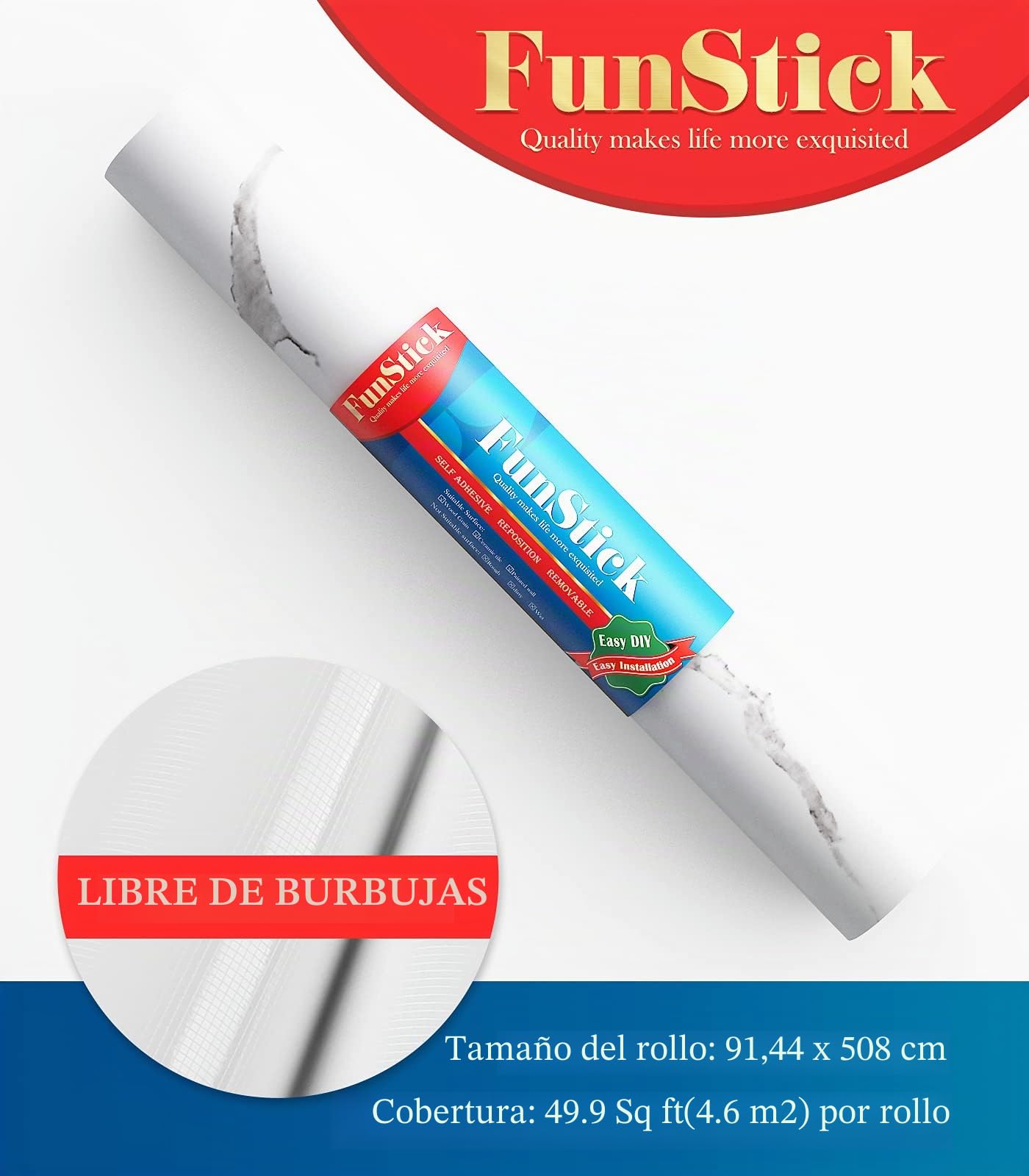 FunStick Vinilo Adhesivo Muebles 90cmx5m, Laminas Decorativas en Efecto Mármol Blanco, Papel Pintado Forro Libros Adhesivo Encimera Cocina, Papel Pintado Autoadhesivo Vinilos para Puertas