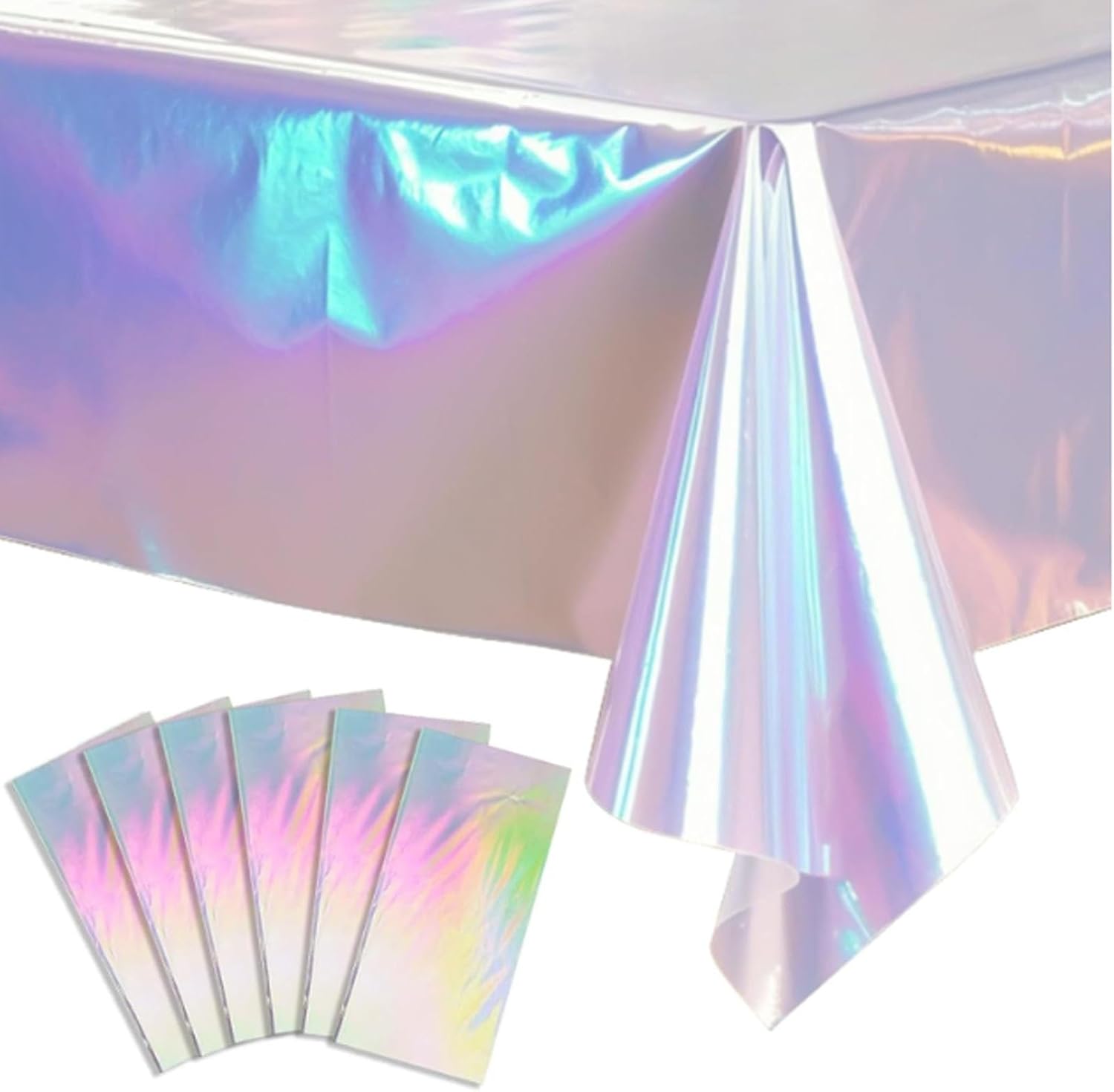 10 Pack Holographic Table Skirts – Iridescent Plastic Disposable Table Skirt for Party, Wedding, Birthday, Disco & Festival Decorations (54" x 108")(Silver-Pink,137 x 274 cm/54 * 108in)