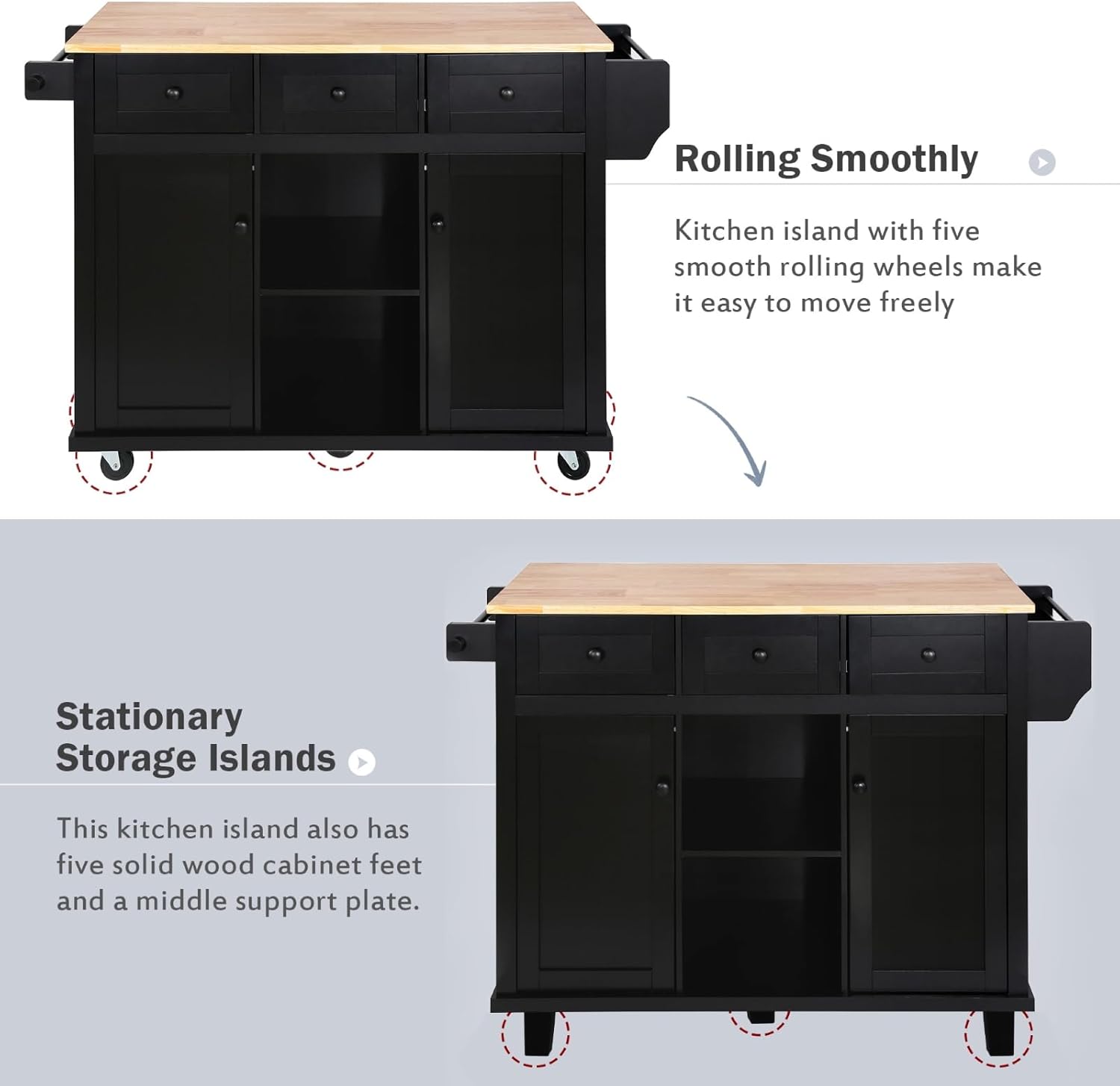 QMIT Kitchen Island with Storage Cabinet,Rolling Island Table on Wheels,Bar Cart with Drop Leaf Top, Adjustable Open Storage and 3 Drawers(Black L:53.10")