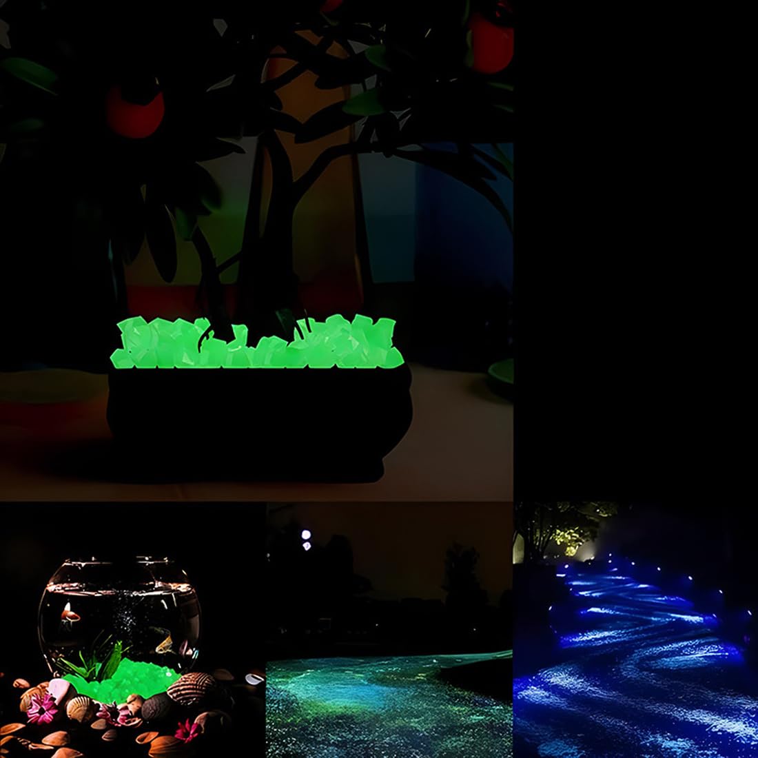 300 Pezzi Luminose che Brillano al Buio, Fluorescenti in Resina, da Giardino, Decorativi per Vasi, Sassolini Decorativi, per Acquario, Ciottoli Luminosi per Prati e Terrazza (Blu, Verde)
