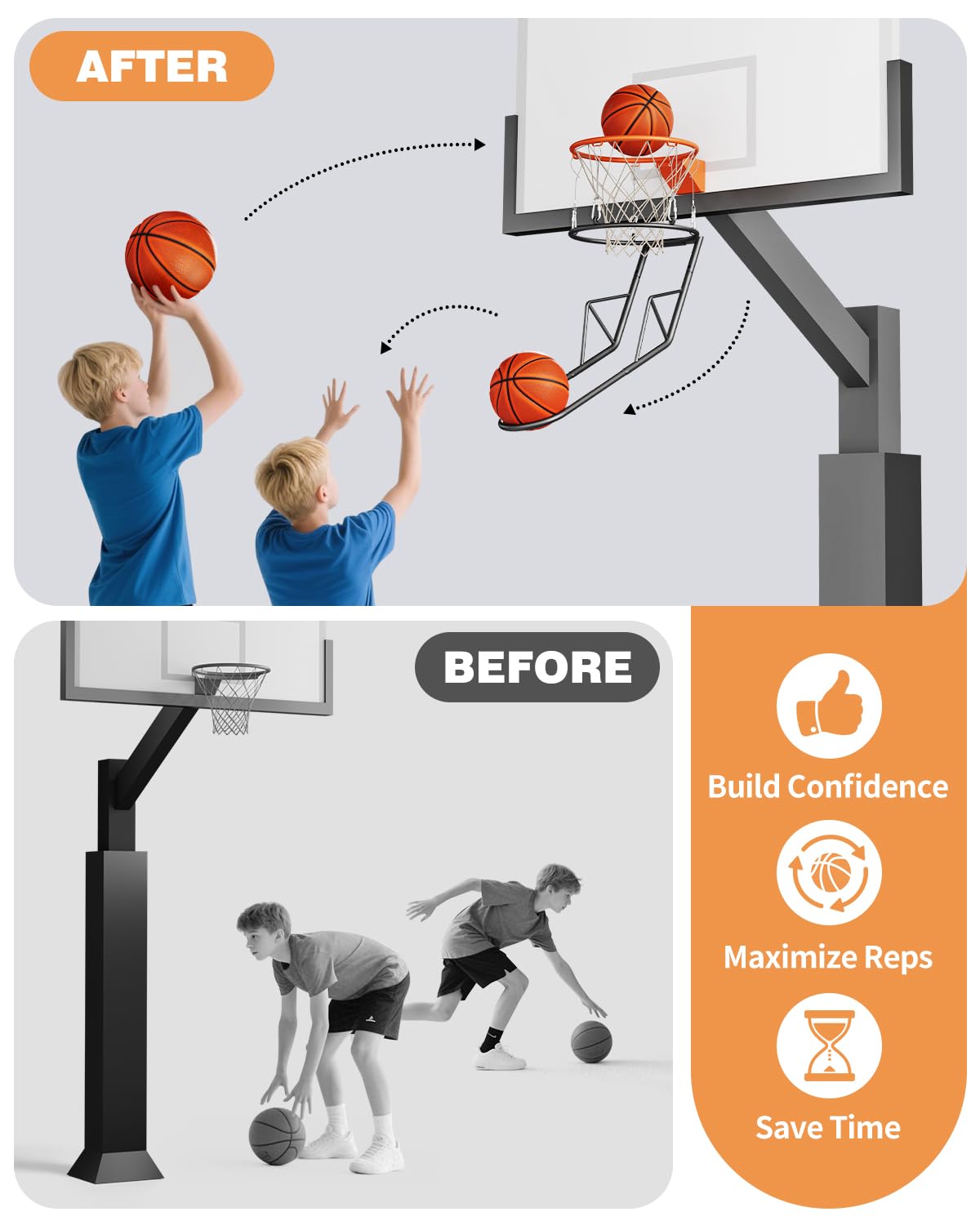 dexirona Basketball Return Attachment, Sturdy Metal Basketball Hoop Rebounder Attachment for Outdoor and Indoor Use, Basketball Hoop Accessories Ball Return, Great for Solo Play and Practice(BA01)