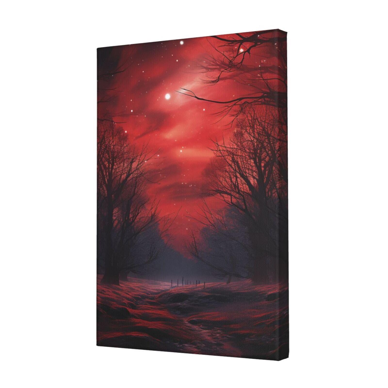 FodPand Red Forest Night Sky Canvas Wall Art for Living Room Wall Decor 12"x18" Modern Artwork Painting Pictures Hanging Canvas Prints Aesthetic Wall Art for Bedroom Bathroom Office Wallart Decor