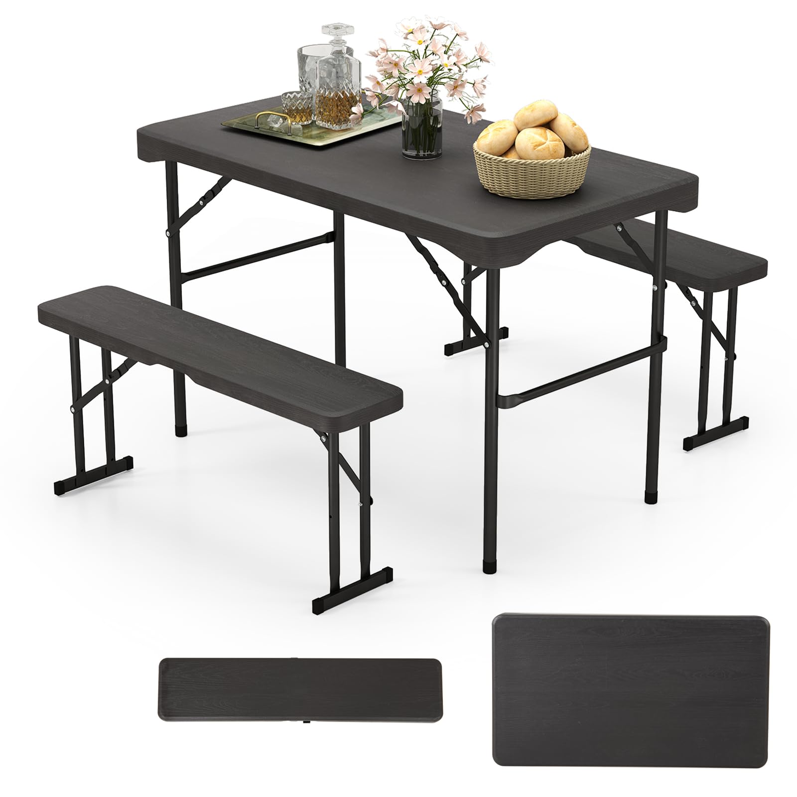 Giantex Folding Picnic Table Bench Set, Rectangular Patio Dining Table Set for 4, with HDPE Tabletop, Metal Frame, Space-Saving and Portable for