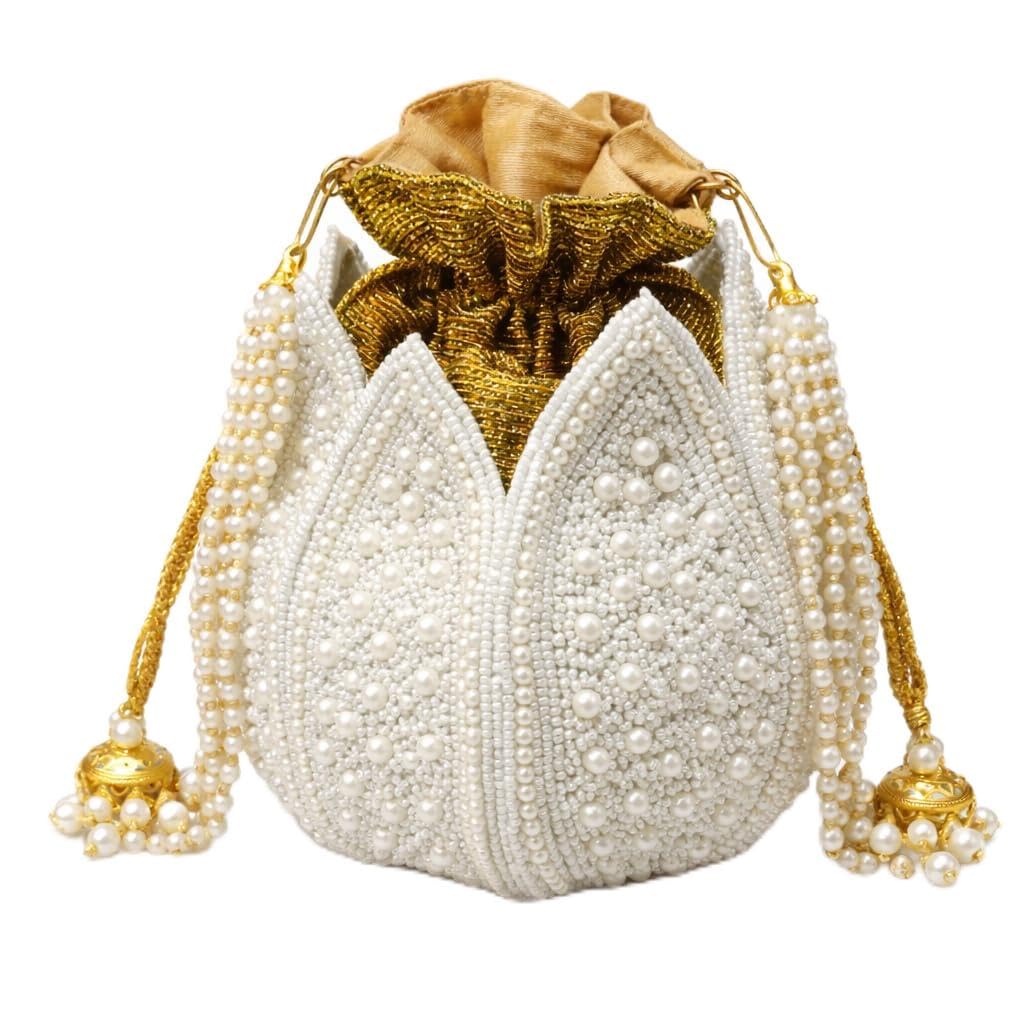 White Pearl Potli Bag for Women, Designer Bridal Wedding Potli Purse, Embroidered Batua Bag with Gold Drawstring and Pearl Tassels, Ethnic Potli Clutch-picture-31