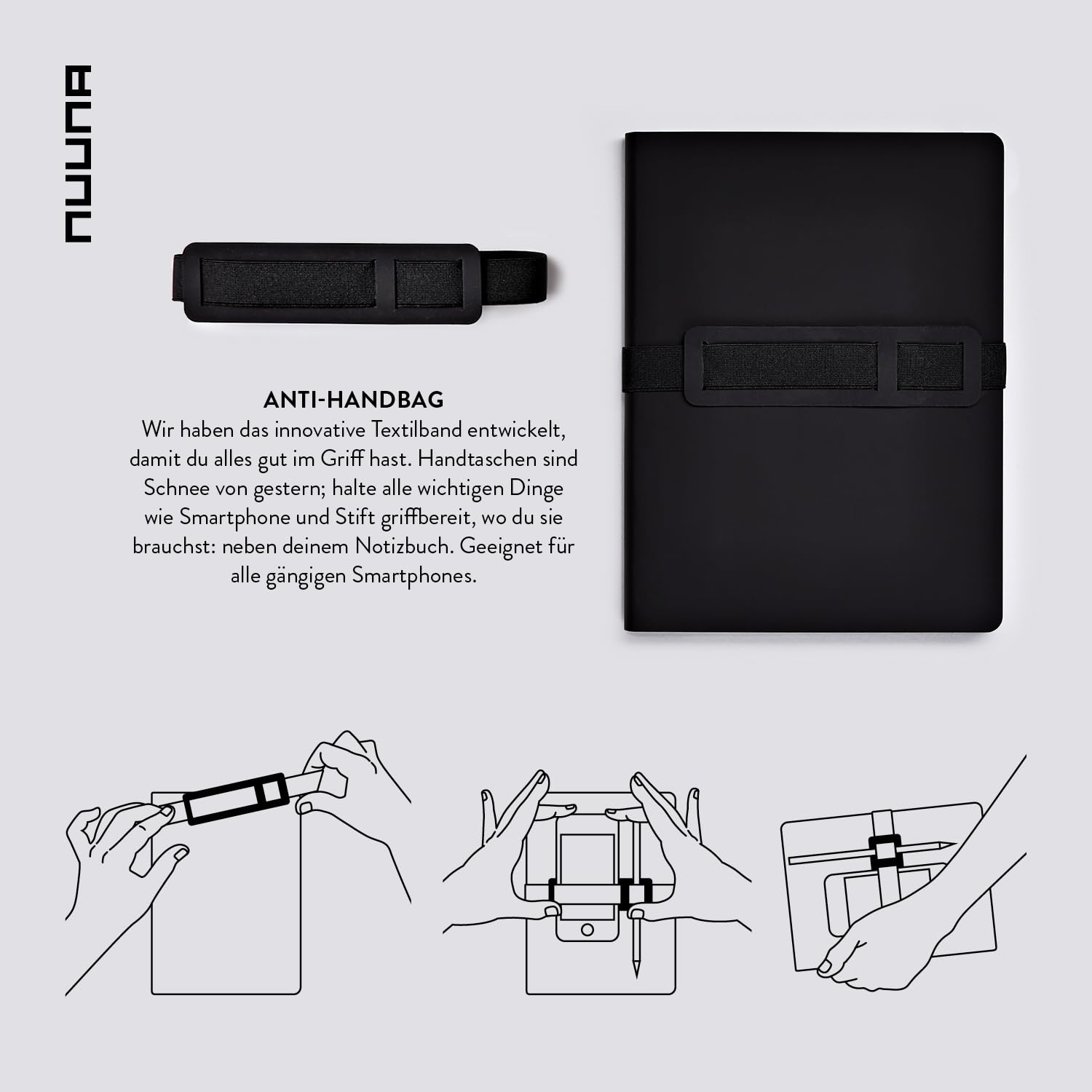 Nuuna Notizbuch A5+ | Voyager L - Schwarz | Dotted | 3,5mm Punktraster | 256 nummerierte Seiten | 120g Premium-Papier | Leder schwarz | mit Stift- und Smartphonehalterung | made in Germany
