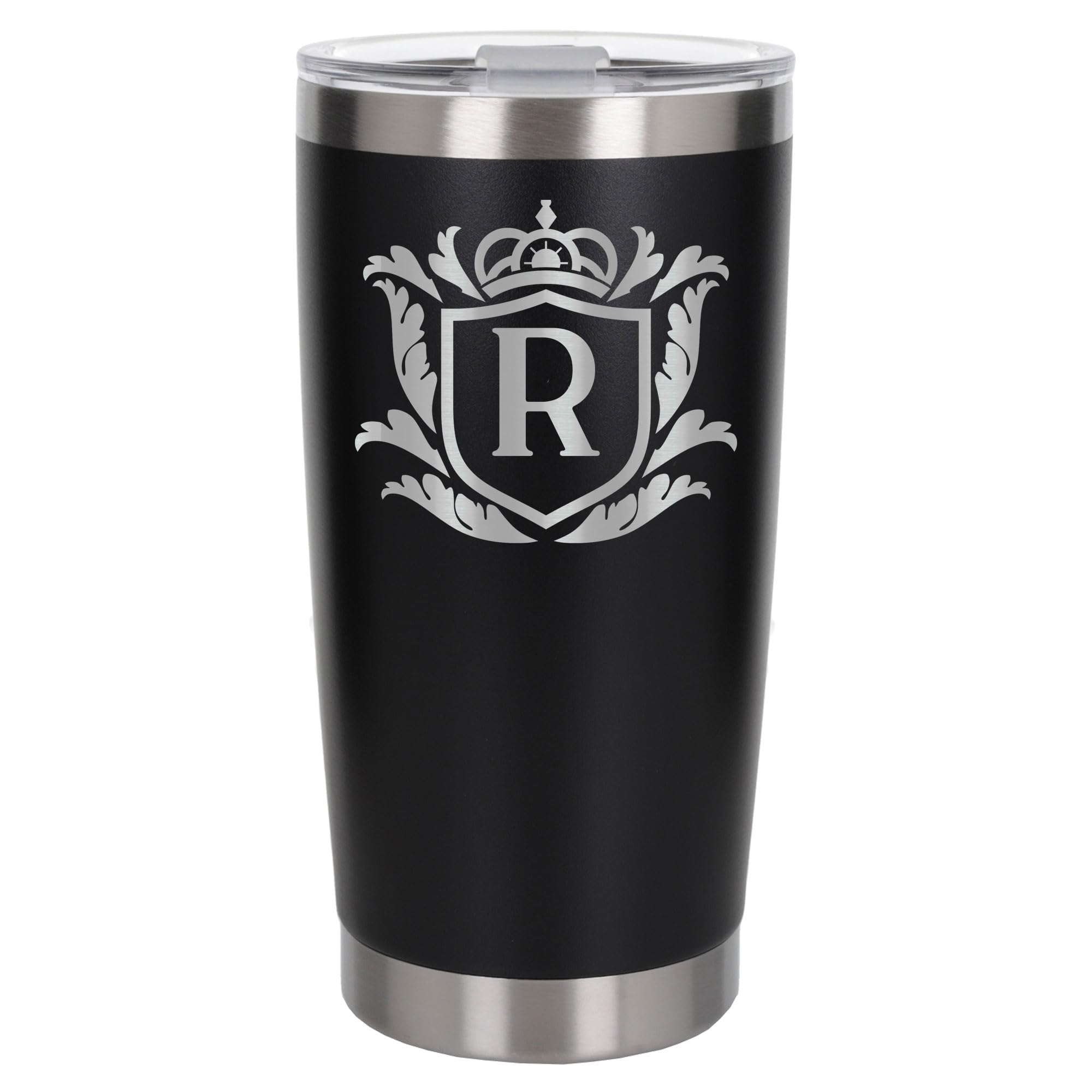Customised Gifts 500ml Engraved Shield Initial Monogram Insulated Personalised Black Travel Mug for Men and Women - Personalised Initial Coffee Travel Mug for Hot and Cold Beverages, Letter R