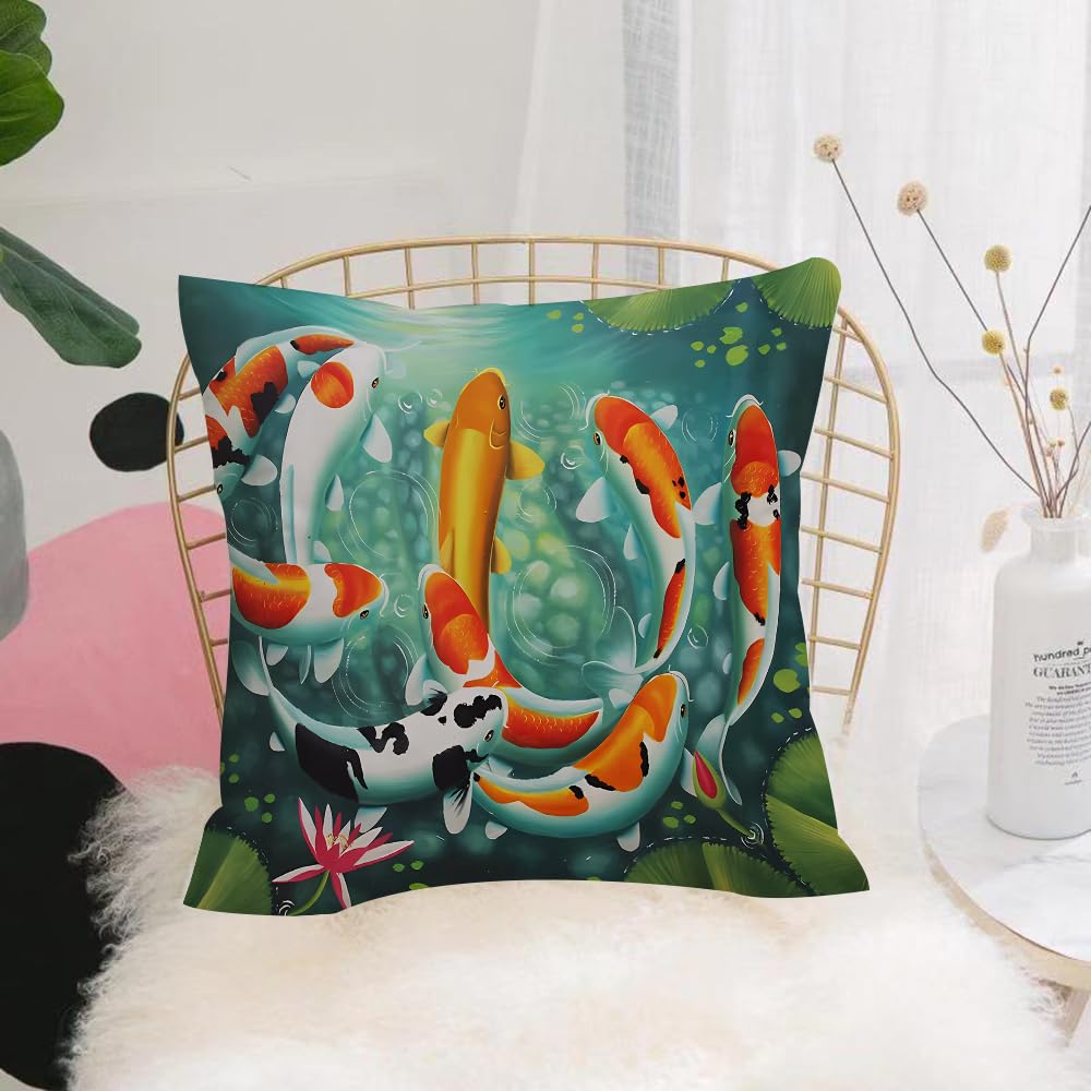 HYOSXW Cushion Cover,Throw Pillow Case Home Decorative for Living Room Bedroom Sofa Chair 16X16 Inch,Koi, surrounded by colorful carps in a lotus pond,Pillowcase 40X40cm