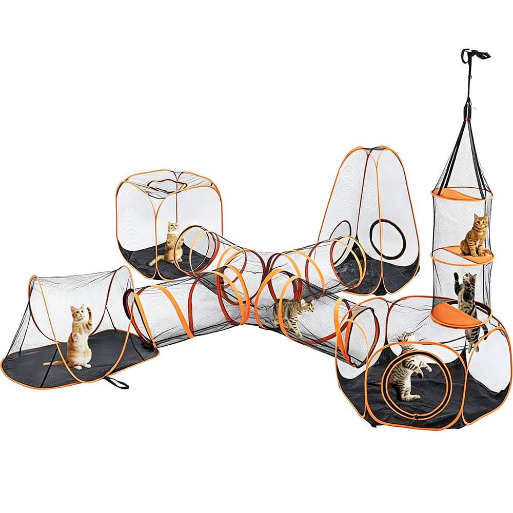 6-in-1 Modularer Katzenspielplatz mit hängendem Klettertunnel, großes Katzenhaus und Gehege für mehrere Katzen, tragbares Katzen-Aktivitätszentrum mit Würfelzelten und Y-Tunnel für Katzen, Kaninchen