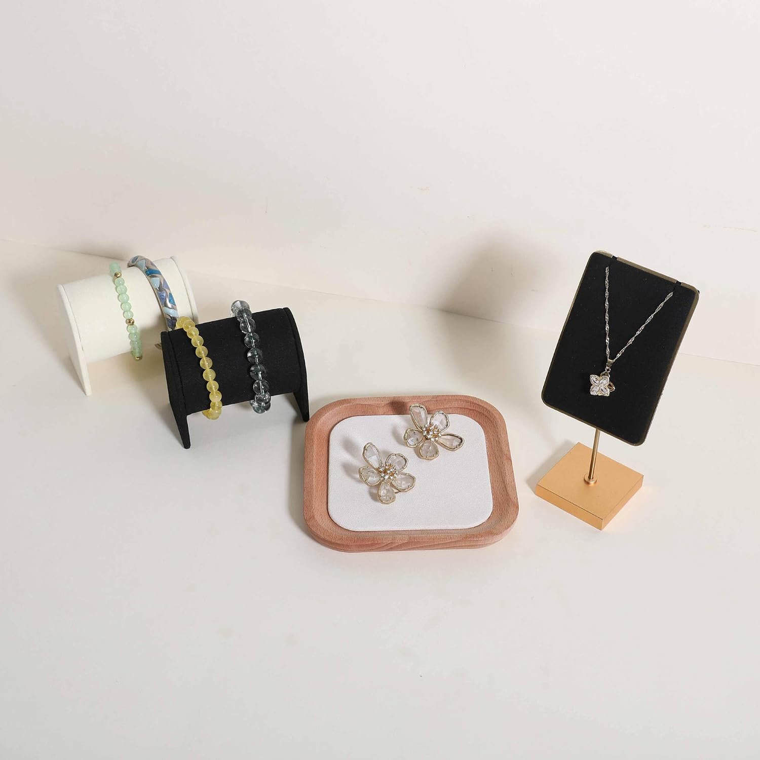 velvet Jewelry organizer tray, Beech wood Jewelry Display Plate, Beige Jewelry Viewing Tray, Jewelry showcase tray for Necklace Bracelet Ring Earring stand holder (Cream-Small, 5.1x 5.1 in)