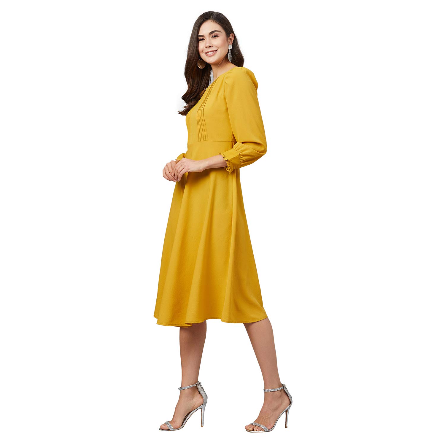 Rare Women's Polyester Fit And Flare Midi Casual Dress (Ep6210_Yellow_S)