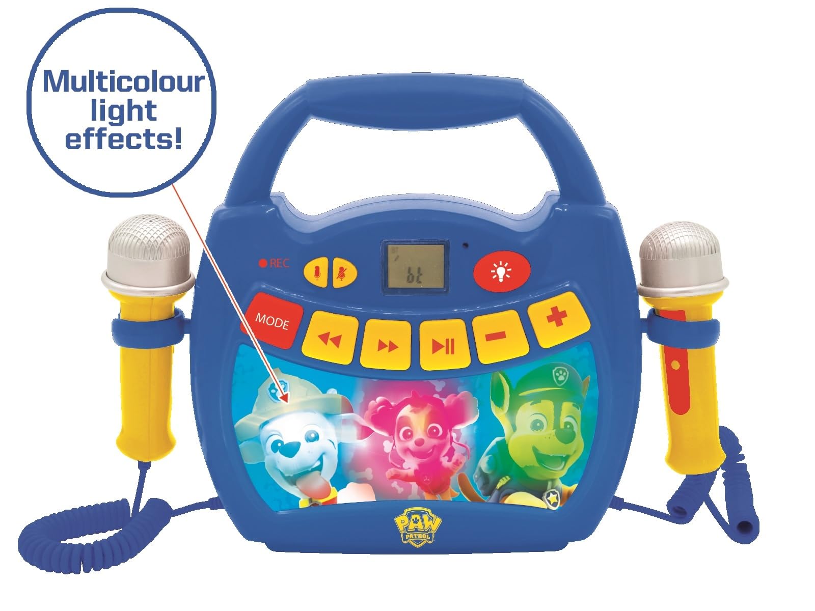 Lexibook – Paw Patrol - Lettore Musicale Karaoke Portatile per Bambini - Microfoni, Effetti di Luce, Bluetooth, Blu/Rosso, MP320PAZLXB