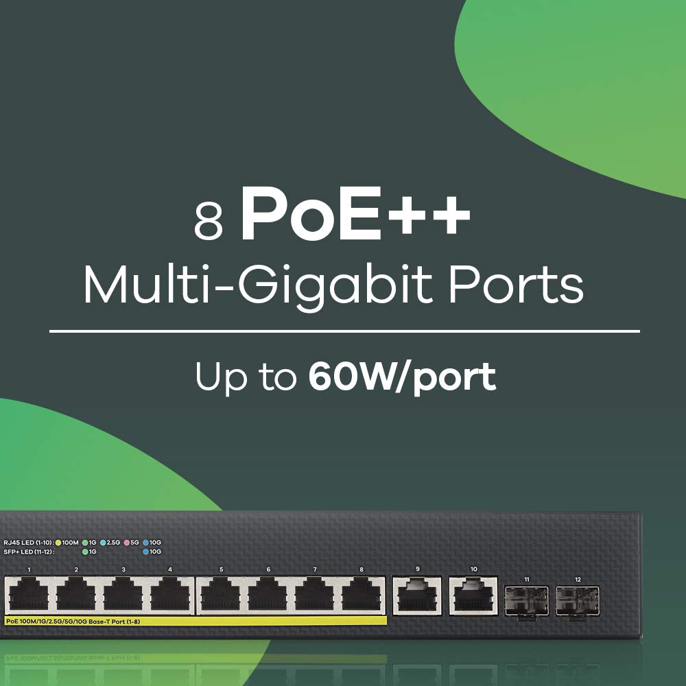 Zyxel 8-Port PoE Switch Multi-Gigabit | Smart-L2+ Managed | 8X PoE++ @375W | 2X 10G Ethernet | 2X 10G SFP+ | Optional Nebula Cloud | Rackmount | Ethernet Network Switch [XS1930-12HP]