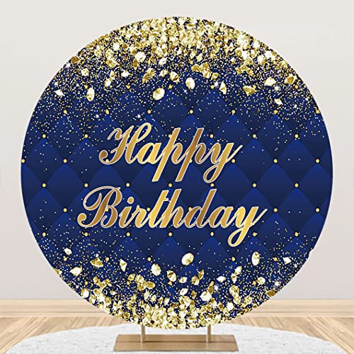 Dorcev 7.5x7.5ft Blue & Gold Happy Birthday Round Backdrop Cover with Gold Glitter Dots & Sapphire Blue Lozenge Design for Kids & Adults Birthday Parties by DORCEV - Used condition - Image 2