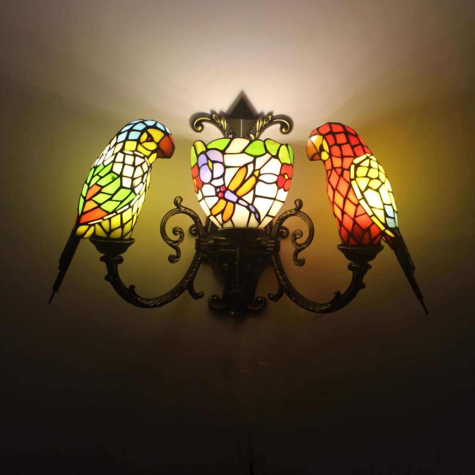 Aioneer Tiffany Style Wall Lamps & Sconces, Vintage Stained Glass Wall Light Fixtures, 3 Lights, Modern Retro Night Light For Bedroom Living Room Hallway Bathroom Nightstand Lamp-F