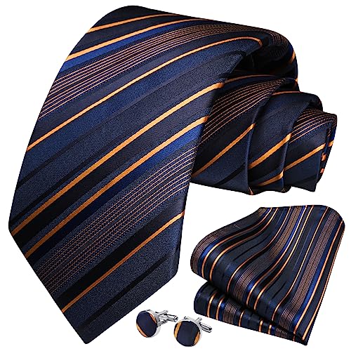 Image of HISDERN Mens Ties Set Stripe Plaid Ties for Men and Pocket Square Cufflinks Formal Silk Necktie Wedding Business