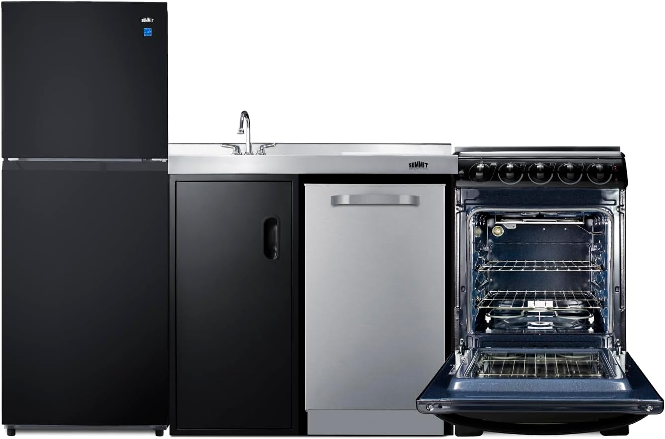 Summit 80" All-in-One Kitchenette, Full Sized Refrigerator-Freezer, Dishwasher, 4-Burner Electric Range, Sink - ACK80HT