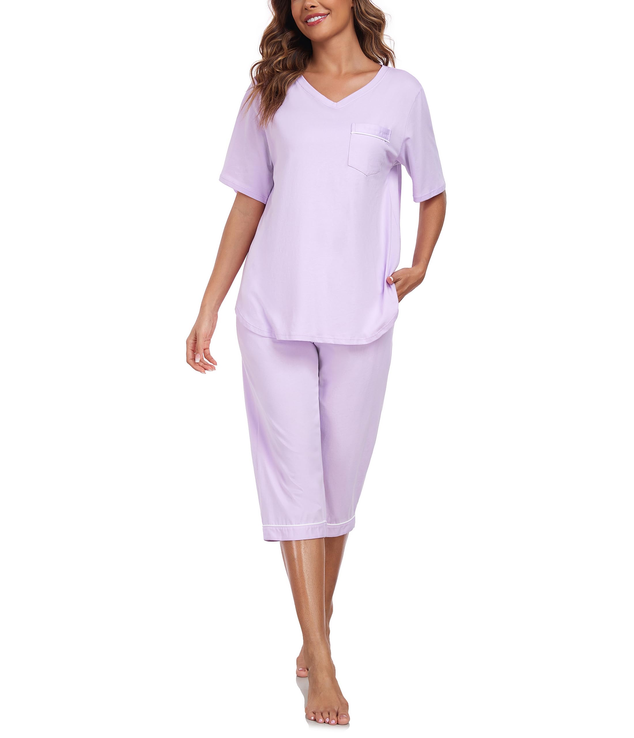 COLORFULLEAF Pyjama pour femme 100 % coton, 2 pièces, col en V, haut à manches courtes et pantalon 3/4