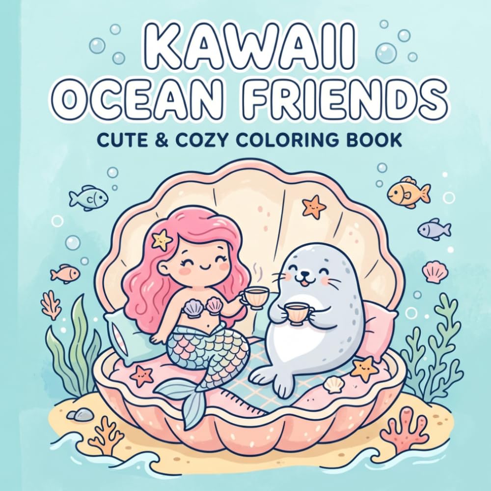 Kawaii Ocean Friends: Cute & Cozy Coloring Book: 40 Simple and Relaxing Underwater Pages for Kids