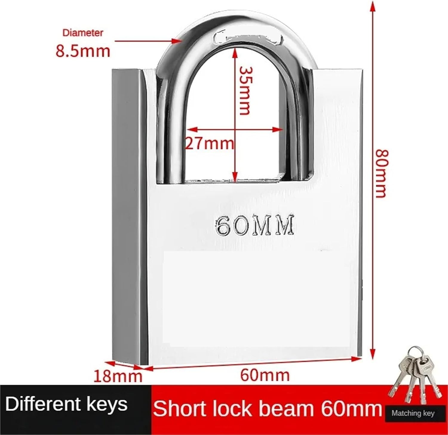 Stainless Steel Household Padlock Theft and Prying Dormitory Cabinet Gym Padlock and Rust Door Locks 1Pcs(60mm 4keys)
