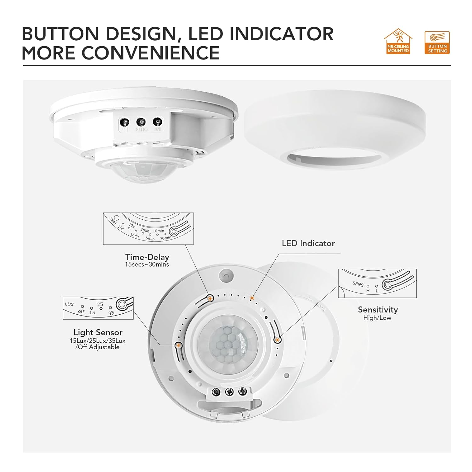 Motion sensor adjustment buttons for time delay, light sensor, and sensitivity