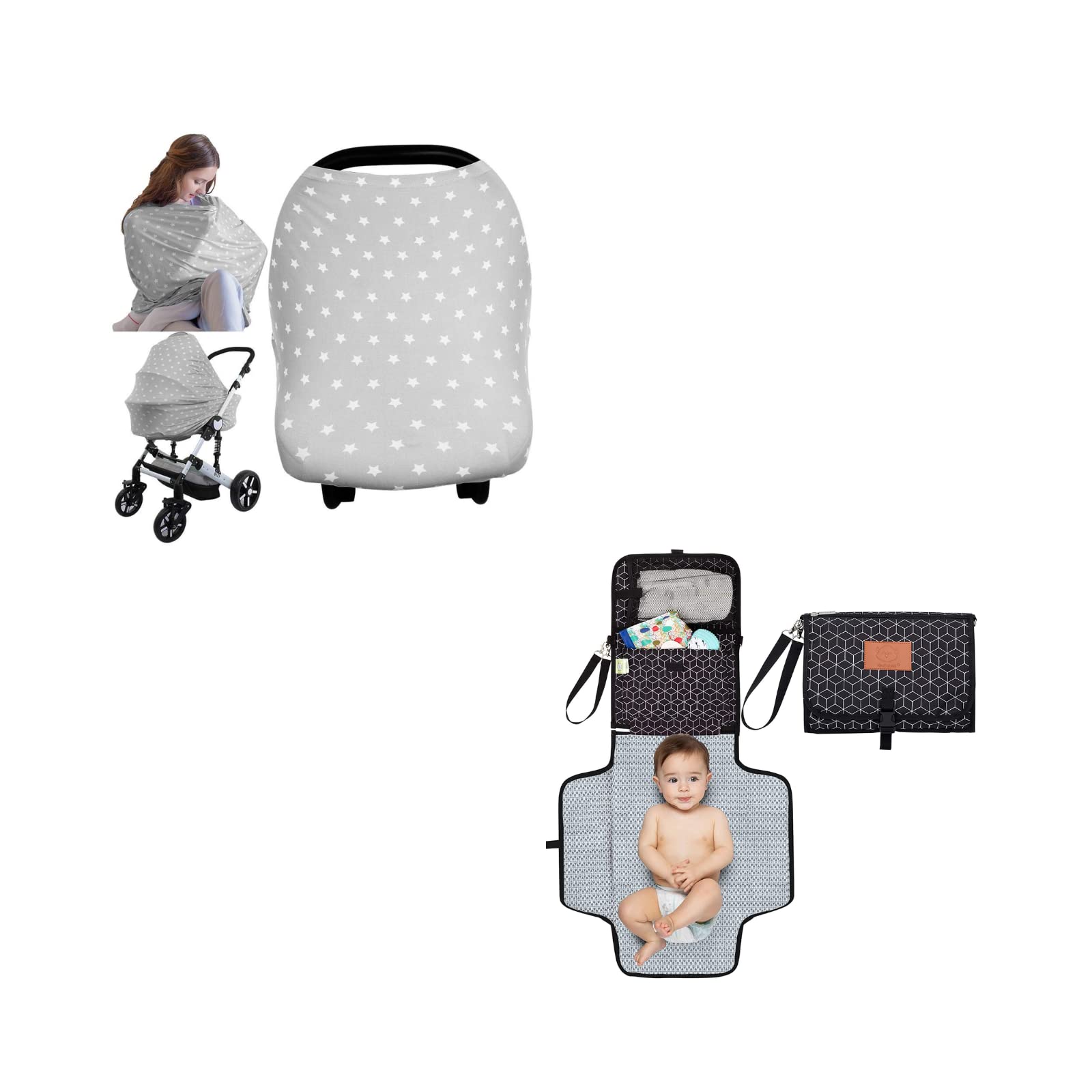 KeaBabies Carseat Canopy Cover & Portable Diaper Changing Pad Bundle - All-in-1 Nursing Breastfeeding Covers Up (Starry Charm) - Waterproof Foldable Baby Changing Mat (Gray Mod)