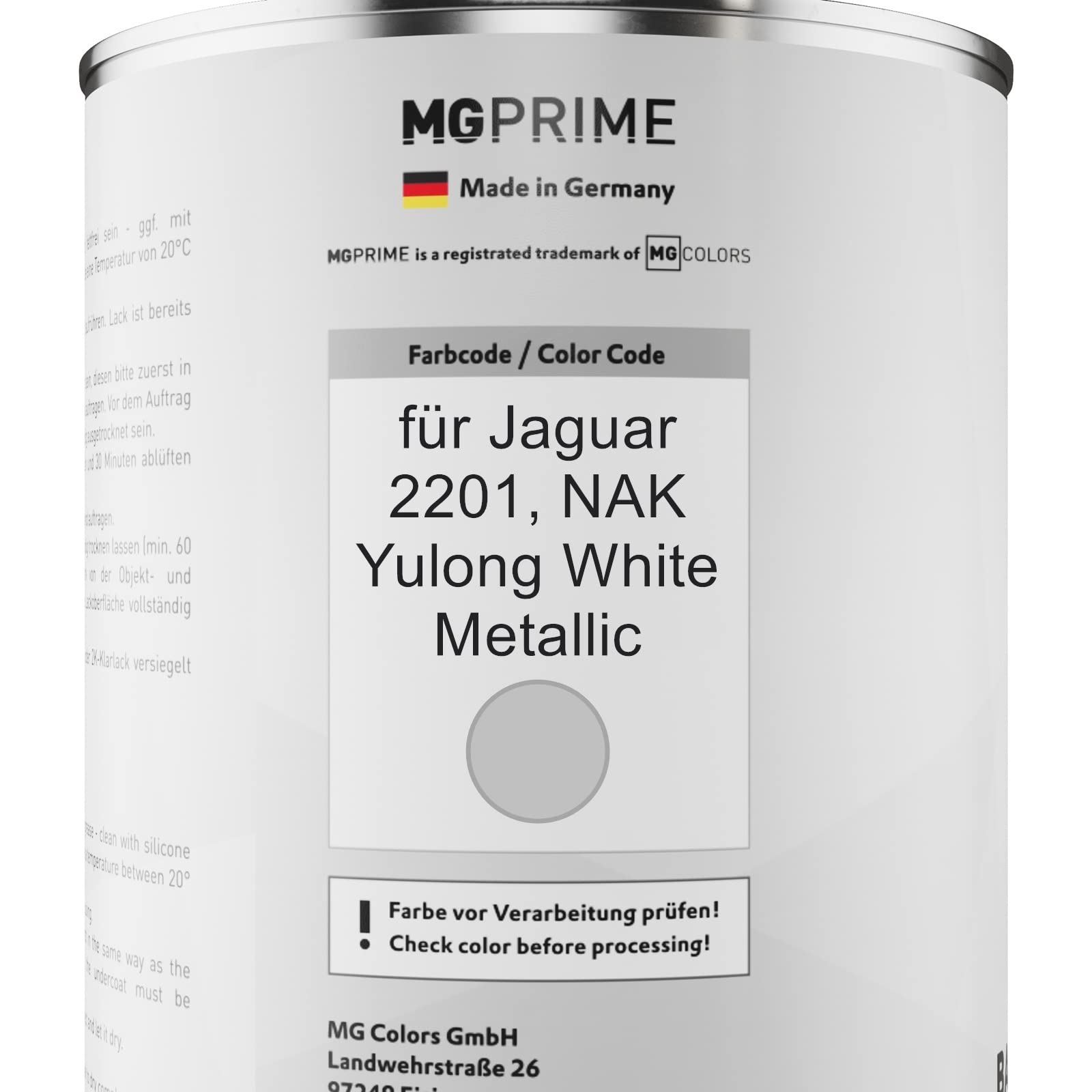 MG PRIME Lakier samochodowy Zestaw puszek dla Jaguar 2201 / NAK Yulong White Metallic Lakier bazowy 2K Utwardzacz do lakieru bezbarwnego gotowy do natrysku 2,5L