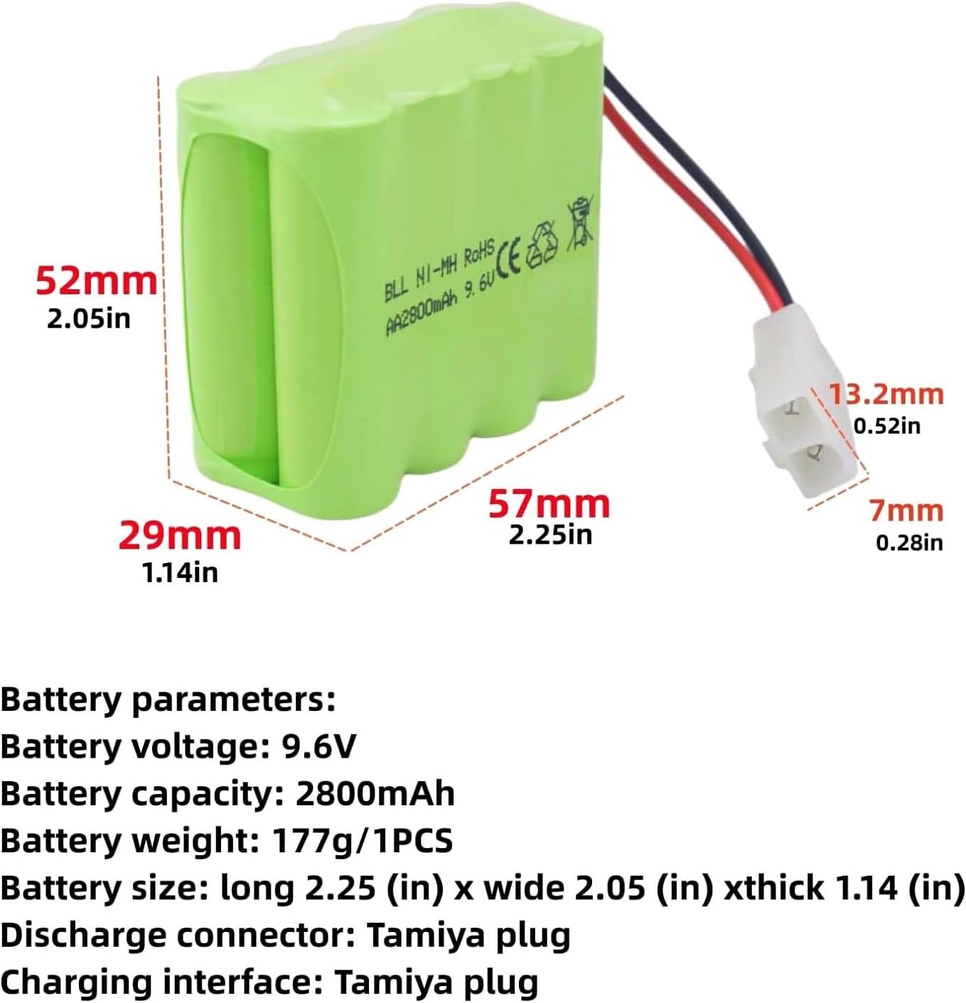 Batterie Rechargeable 9,6V 2800mAh AA – Prise Tamiya + Câble USB – Pour Voitures RC, Camions, Chars, Bateaux – Protection Intégrée