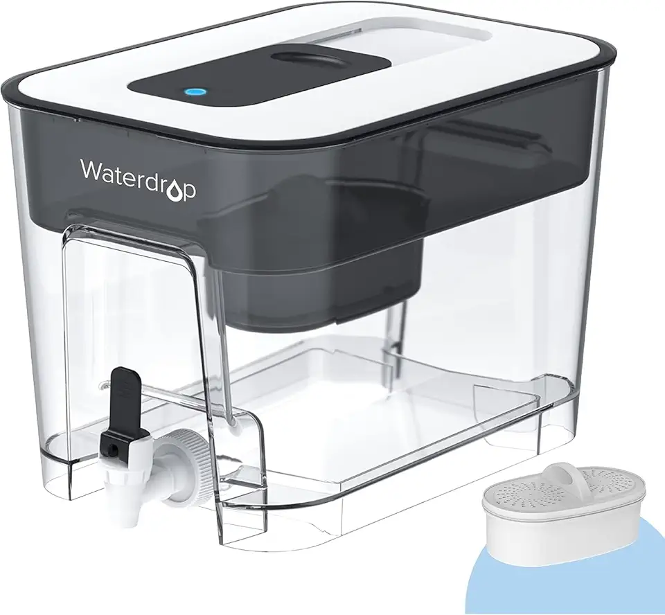 Waterdrop 200-Gallon Long-Life 40-Cup Large Water Filter Dispenser with 1 Filter, Healthy Gift for Home and Office, 5X Times Lifetime, Reduces Chlorine, PFOA/PFOS and More, BPA Free, Black