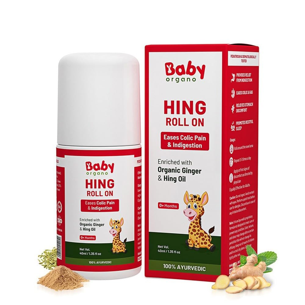 Babyorgano Hing Roll On Oil (40ml) for Newborn Babies/Kids Colic & Gas Relief Tummy Roll On with Organic Ginger & Hing Oil | Preservative, Alochol Free