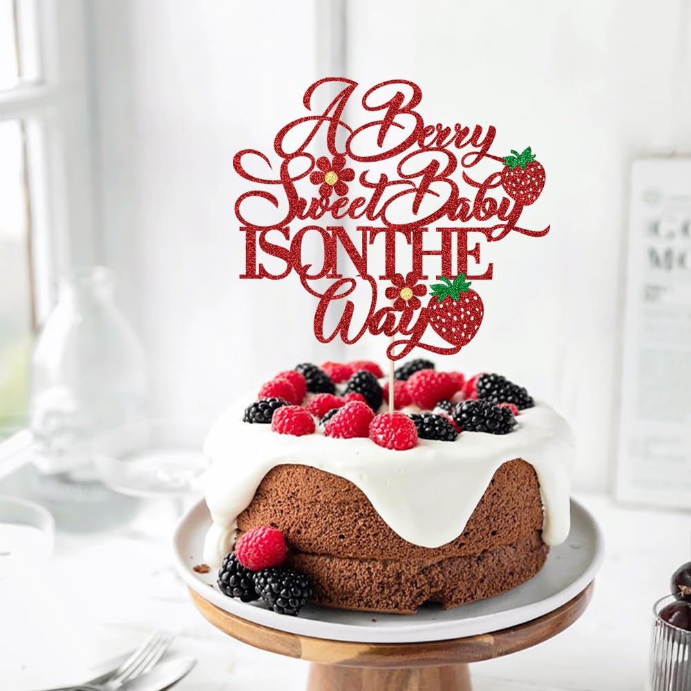 Florcmet A Berry Sweet Baby is on the Way Cake Topper, Glitter Strawberry Cake Pick for Fruit Theme Baby Shower Kids Birthday Party Strawberry Fruit