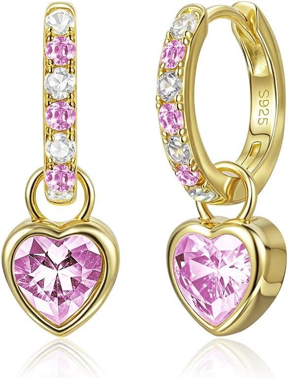 Heart Birthstone Dangle Drop Earrings for Women: 925 Sterling Silver Hypoallergenic Huggie Earrings with Dainty 5A CZ, Trendy Jewelry Valentine Anniversary Birthday Gifts for Her Wife Girlfriend Mom