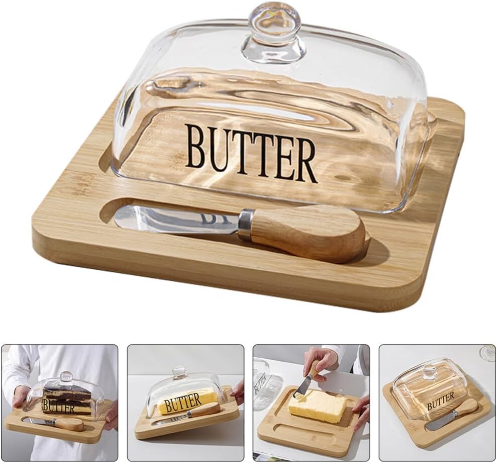Cabilock Farmhouse Butter Dish with Lid Butter Dish with Lid and Knif e for Countertop Refrigerator, Wood Butter Holder with Glass Cover Knob Handle for Butter Stick Cheese Fruit Cake