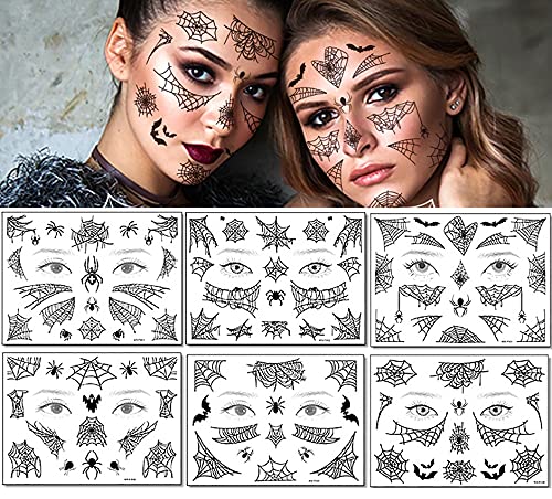 Halloween Spider Full Face Temporary Tattoos Stickers, 6 Sheets Water Transfer Spider webs Make-Up Tattoos Kit, Halloween Party Cosplay Body Art Decoration Face Fake Tattoo for Adult Kids