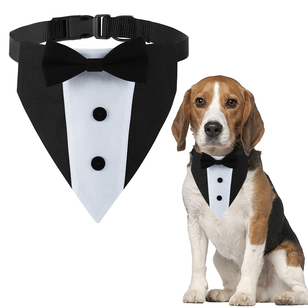 Dog Tuxedo,Formal Wedding Dog Bandana Adjustable Collar with Bowtie,Small Medium Large Boy Dog Wedding Grooming Birthday Party Gift DOGTACT (Medium,