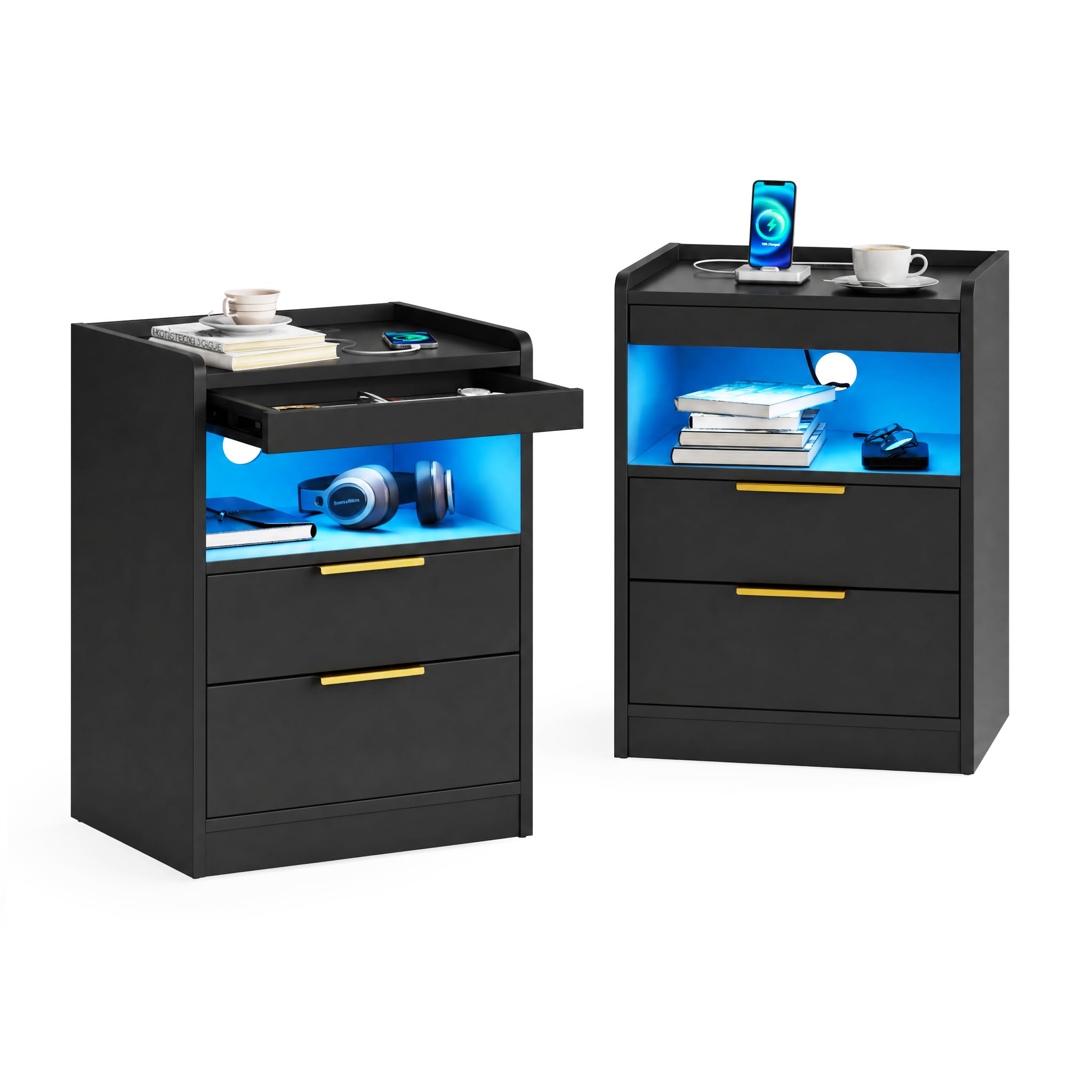 Mondeer Bedside Table Set of 2 with Charging Station, LED, Hidden Drawer โ image 1