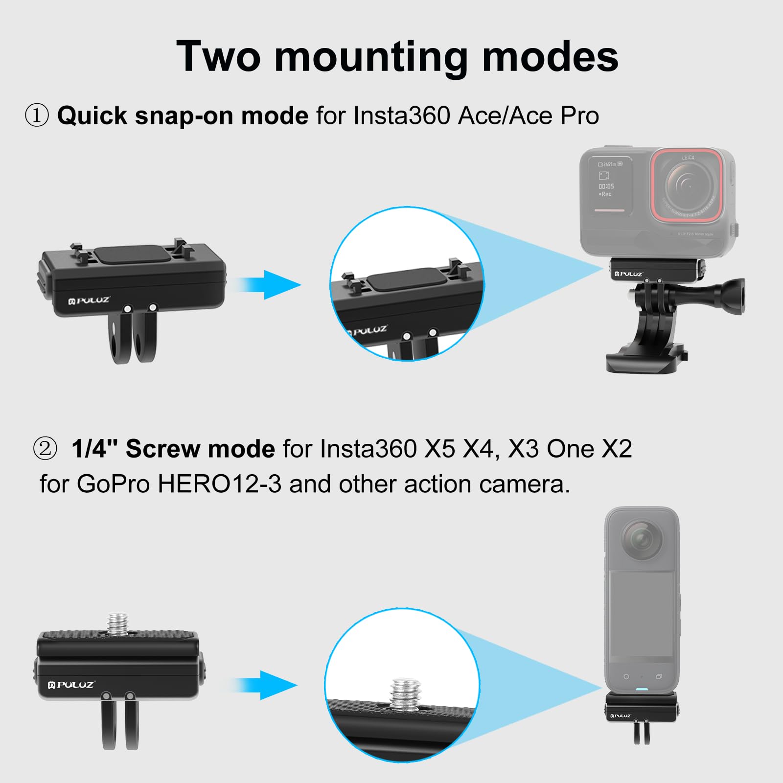 PULUZ Magnetyczna podstawa szybkiego zwalniania do Insta360 Ace Ace Pro, z adapterem śruby 1/4 cala, składany uchwyt na statyw do Go Pro HERO12 11 10 9 8 7 6 5 i innymi akcesoriami do kamer akcji