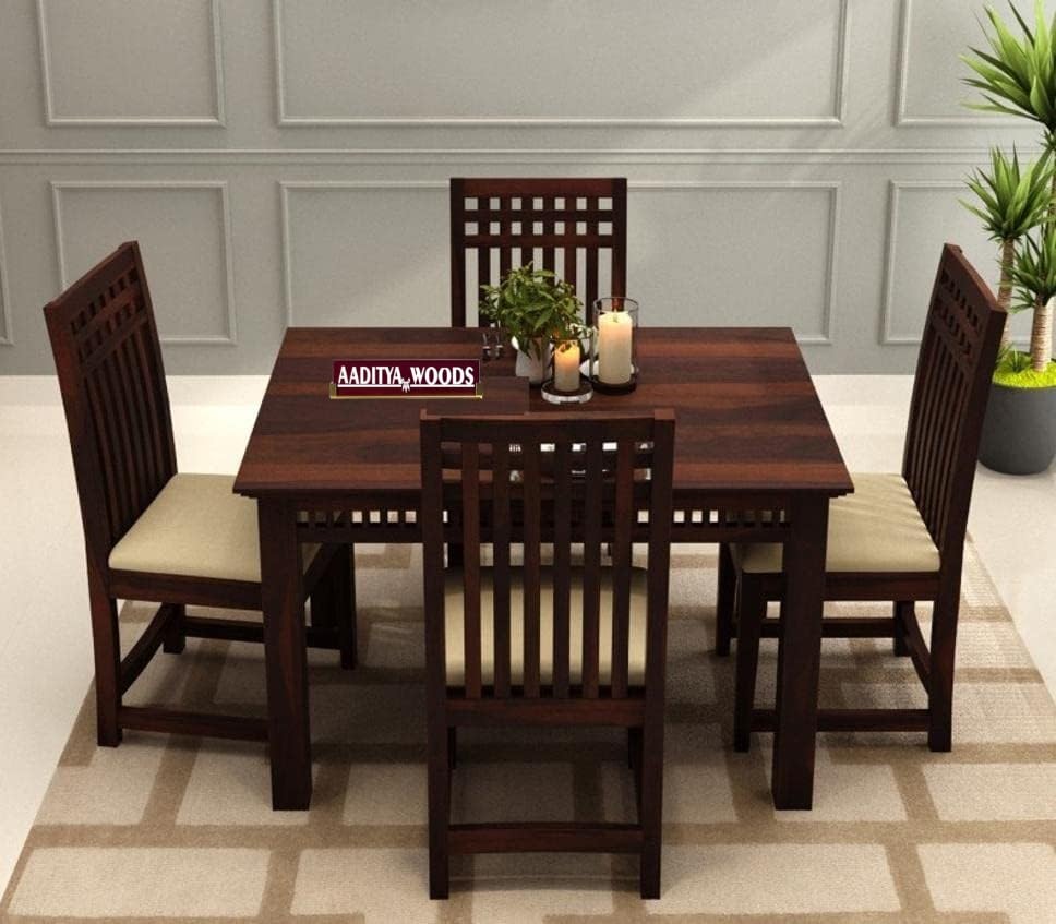 Image of AADITYA WOODS Solid Sheesham Wood Four Seater Dining Table Set with 4 Chairs for Living Room Home Wooden 4 Seater Dining Table Set for Office Restaurant Modern Dining Room Set- Walnut & Beige