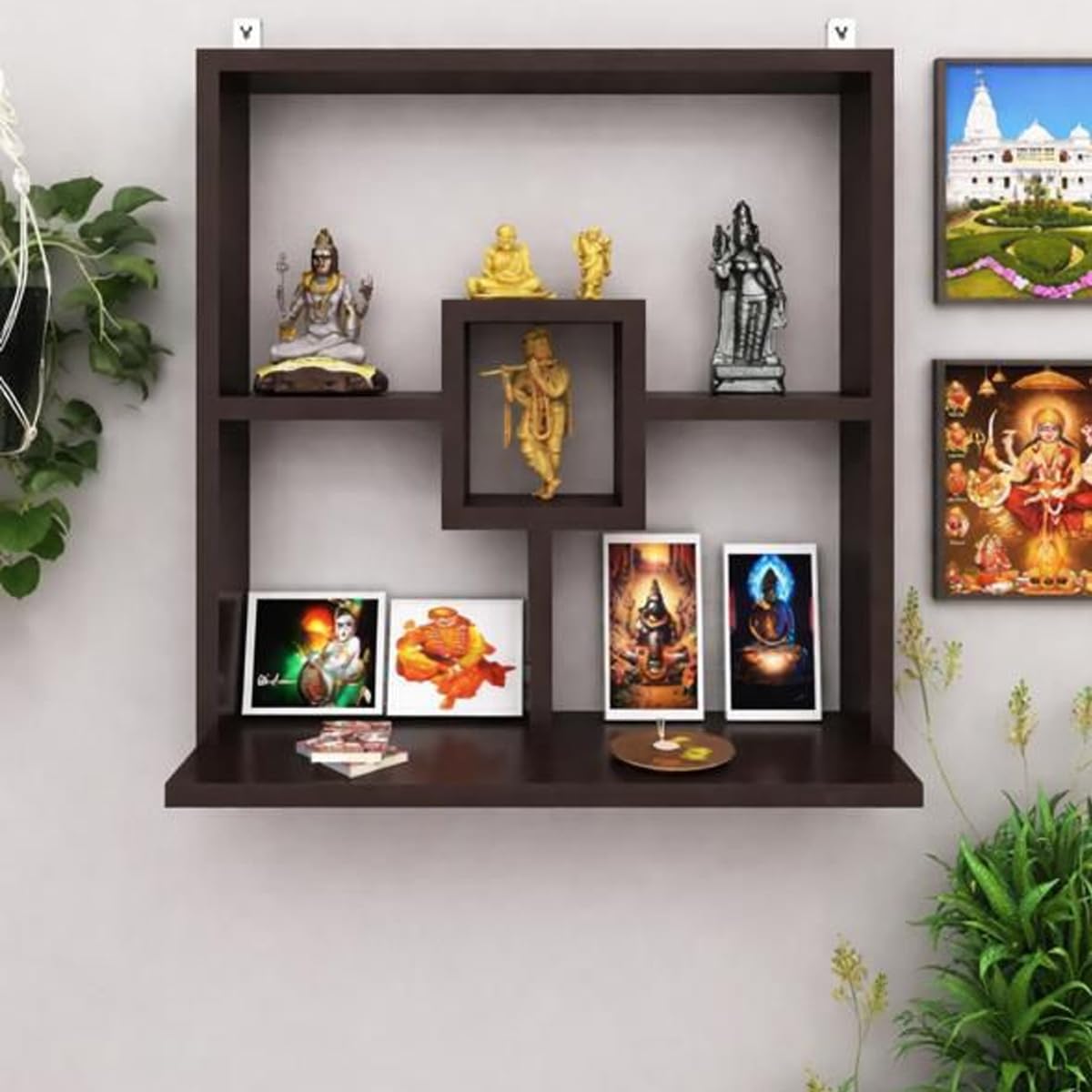 Modern Square Design Wall Rack | Engineered Wood Pooja Mandir Wall Shelf with Decorative Display Compartments | for Living Room, Prayer Room & Home Décor (Brown)-image-10
