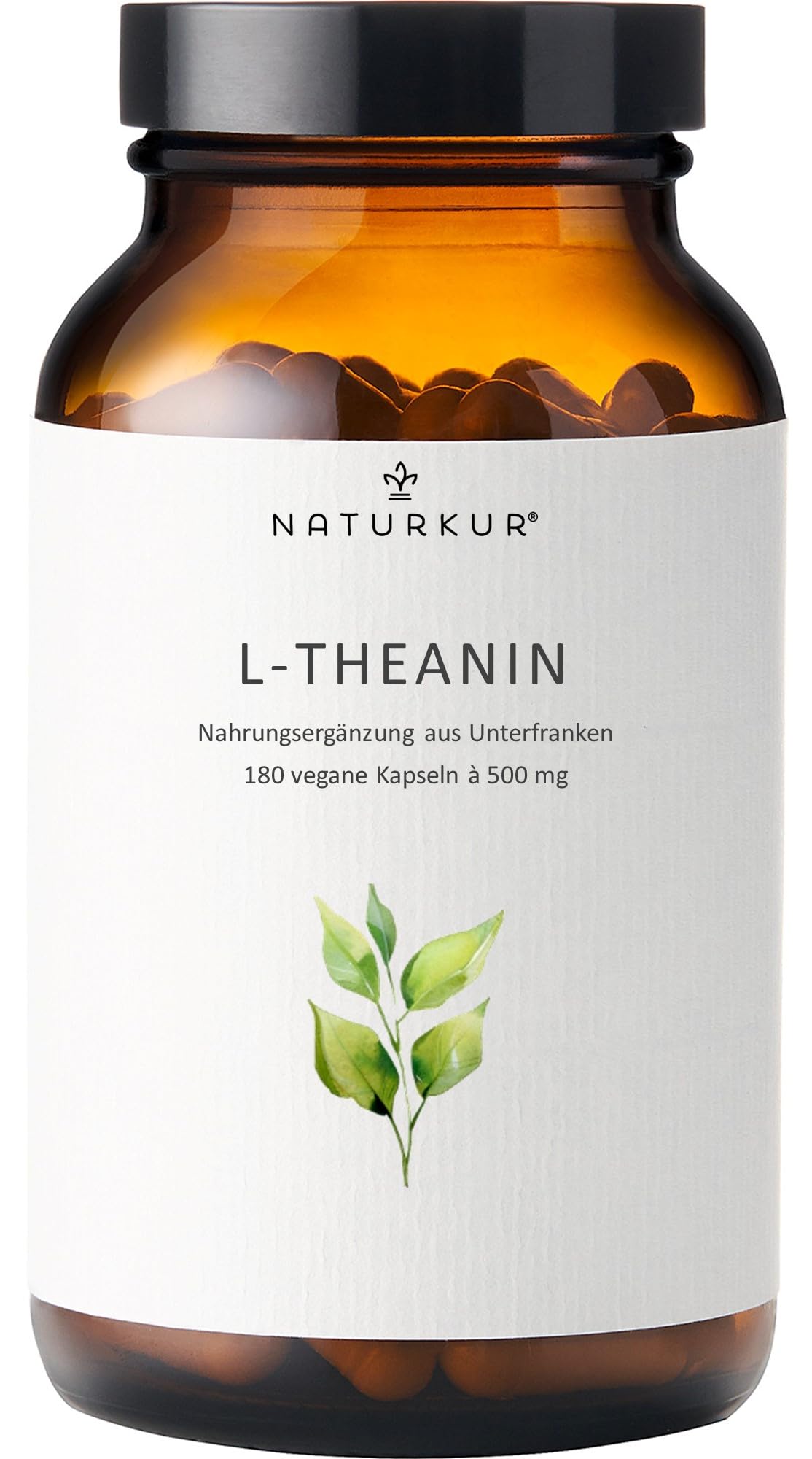 Naturkur® L-Theanin 500mg - Vegan ohne Zusatzstoffe - Für Stressbewältigung - 180 Kapseln im Apothekerglas - Handgemacht