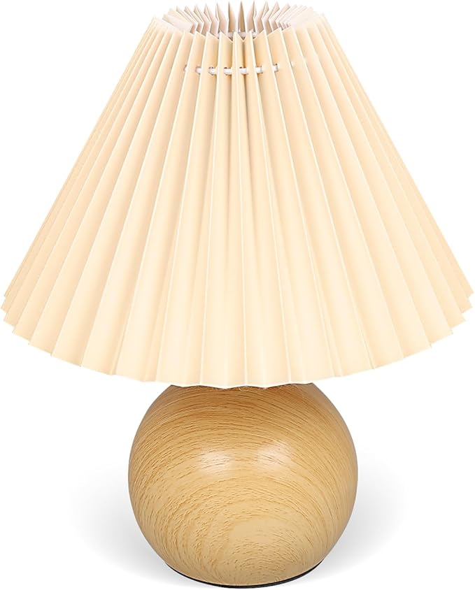 JACHOYI Small Pleated Table Lamp, Bedside Nightstand Lamp with Beige Lampshade, Morden Mini Lamp for Bedroom Home Office Decor, E27 Bulb Included