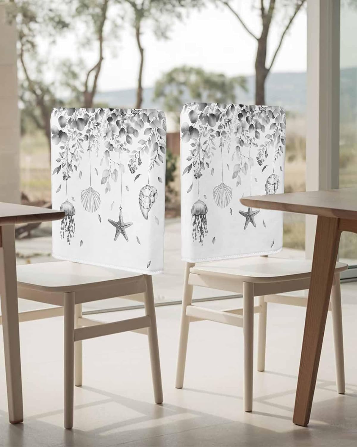 Gray Coastal Chair Back Covers for Dining Room, Eucalyptus Leaves Beach Linen Polyester Back Chair Protector, Starfish Shells Botanical 4 Pcs Back Covers for Dining Chair Decoration, 20 x 19 In