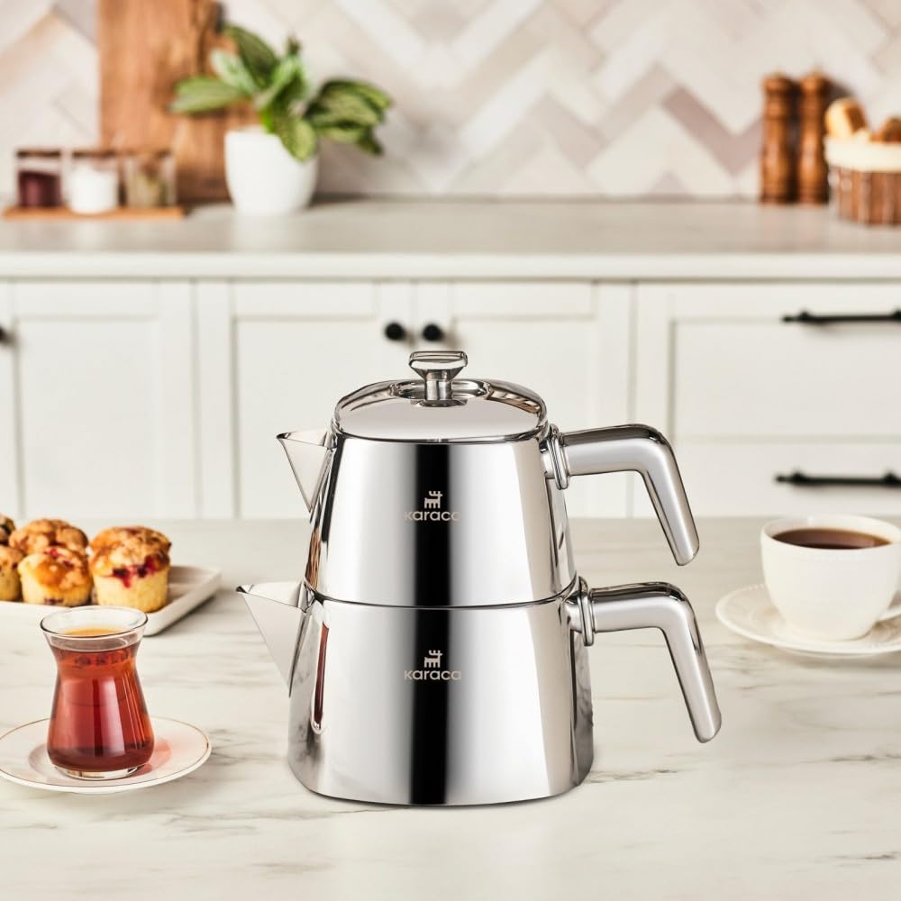 Karaca Brewinox Stainless Steel Teapot Set, 2 Pieces, 1L (33.8 oz) + 2L (67.6 oz) Capacity, 304 Stainless Steel Turkish Tea Maker with Metal Lids, Induction Safe Kettle and Infuser, 2kg (4.4 lbs)