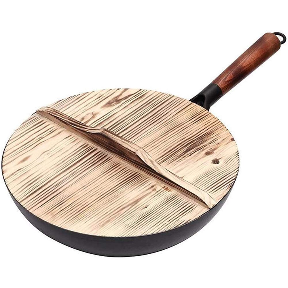 Wok in ferro da 32 cm, realizzato a mano, con coperchio in legno, antiaderente, non rivestito, per fornelli a gas e fornelli a induzione, wok universale per cucinare in stile tradizionale (coperchio