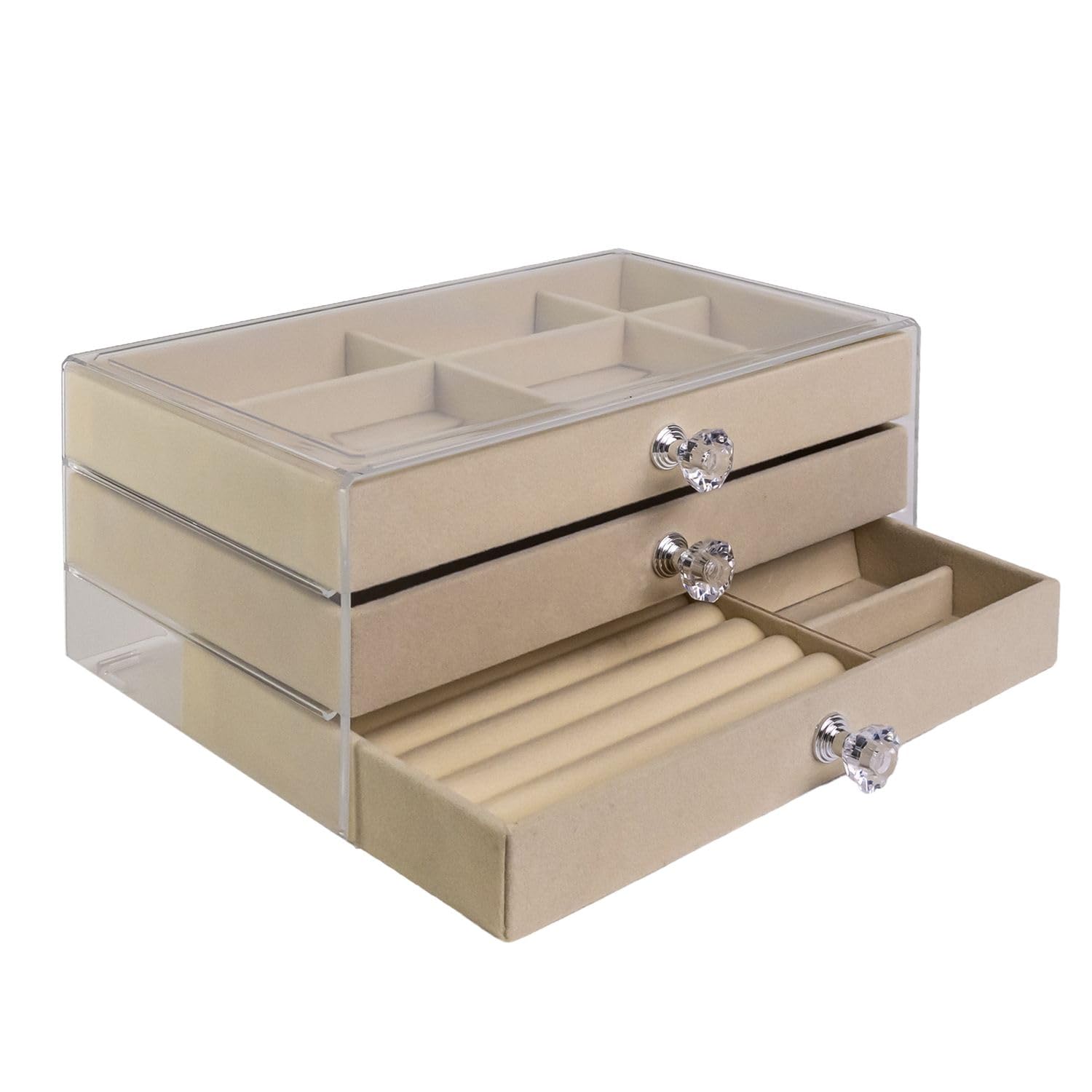 Boîte à bijoux beige à 3 tiroirs Intirilife de 23.5 x 15 x 10.5 cm