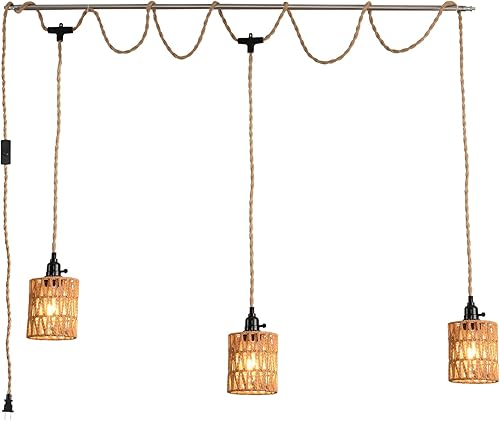 Lámpara colgante de 3 luces con cable enchufable, lámpara colgante de cuerda de cáñamo de 22 pies, iluminación colgante vintage de 3 luces para