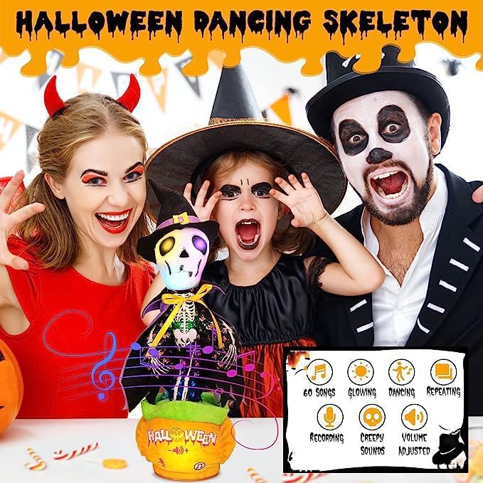 Image of Emoin Halloween Skeleton Dancing Cactus Mimicking Toy, Talking Skull Cactus Toy Repeats What You Say,Singing Glowing Halloween Indoor&Outdoor Decorations
