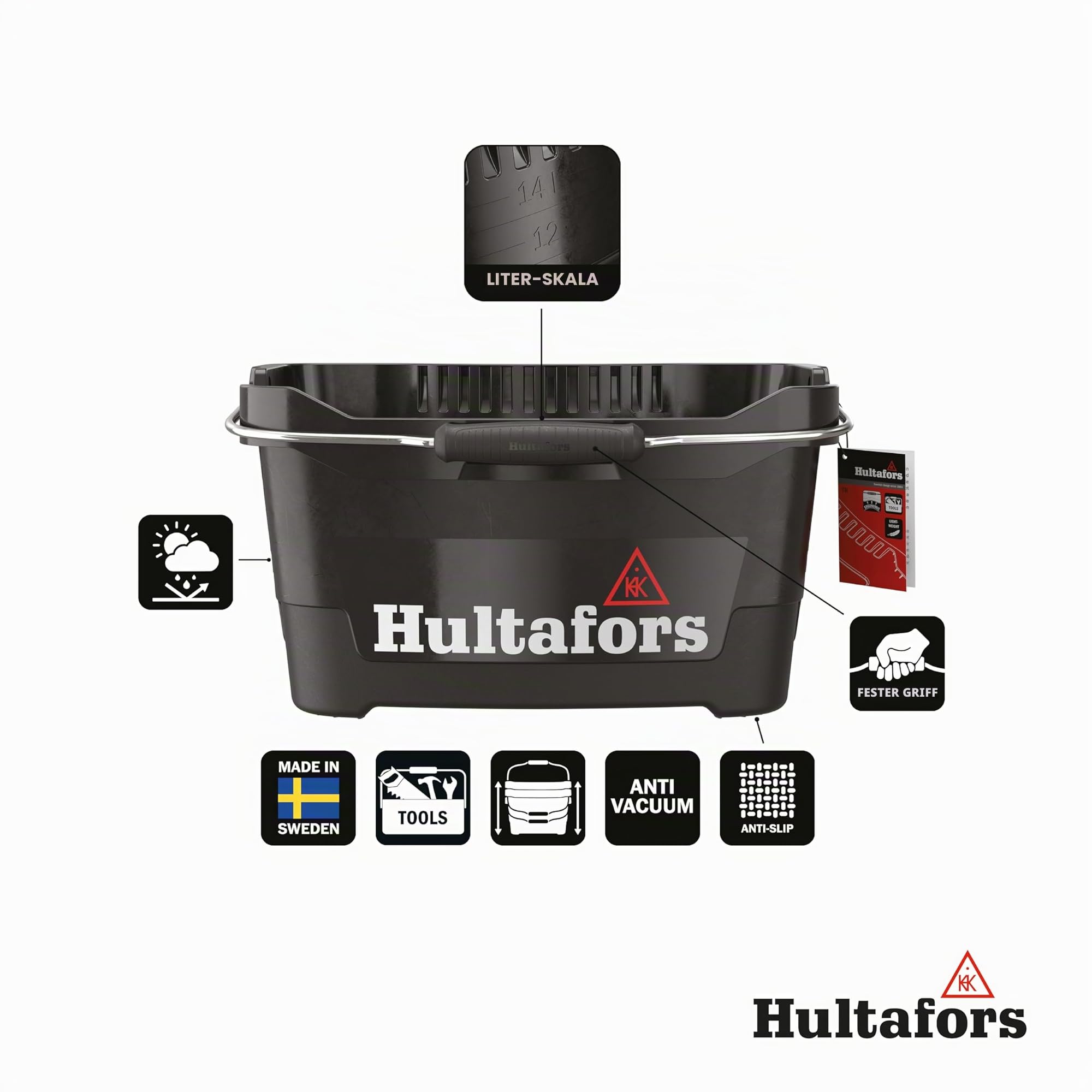 Hultafors Werkzeugeimer 15 Liter I I Hält bis zu 100kg I Ergonomisch geformter ultrastabiler Baueimer I Made in Sweden I 590101